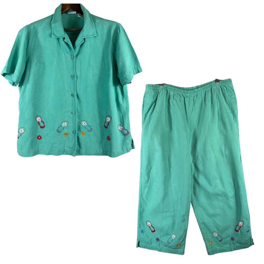 Linen Blend Matching Set L Seafoam Green Flip Flop Embroidered Beach Top Pants